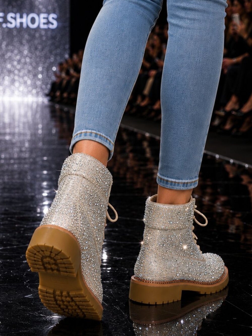 NIB Wonder Sparkling Rhinestone Combat Ankle Boots Metallic Rose Gold Champagne - Picture 5 of 12